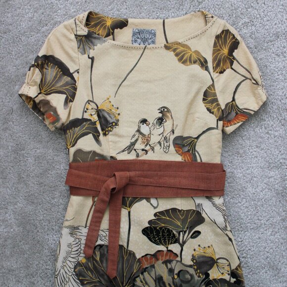 Floreat by Anthropologie Snowy Egret Bird Print Shift Dress w/ Obi Sash, Size 0 - Picture 6 of 12